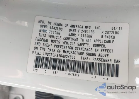 2013 Honda Accord Touring из США, поврежденный, VIN 1HGCR3F91DA034900